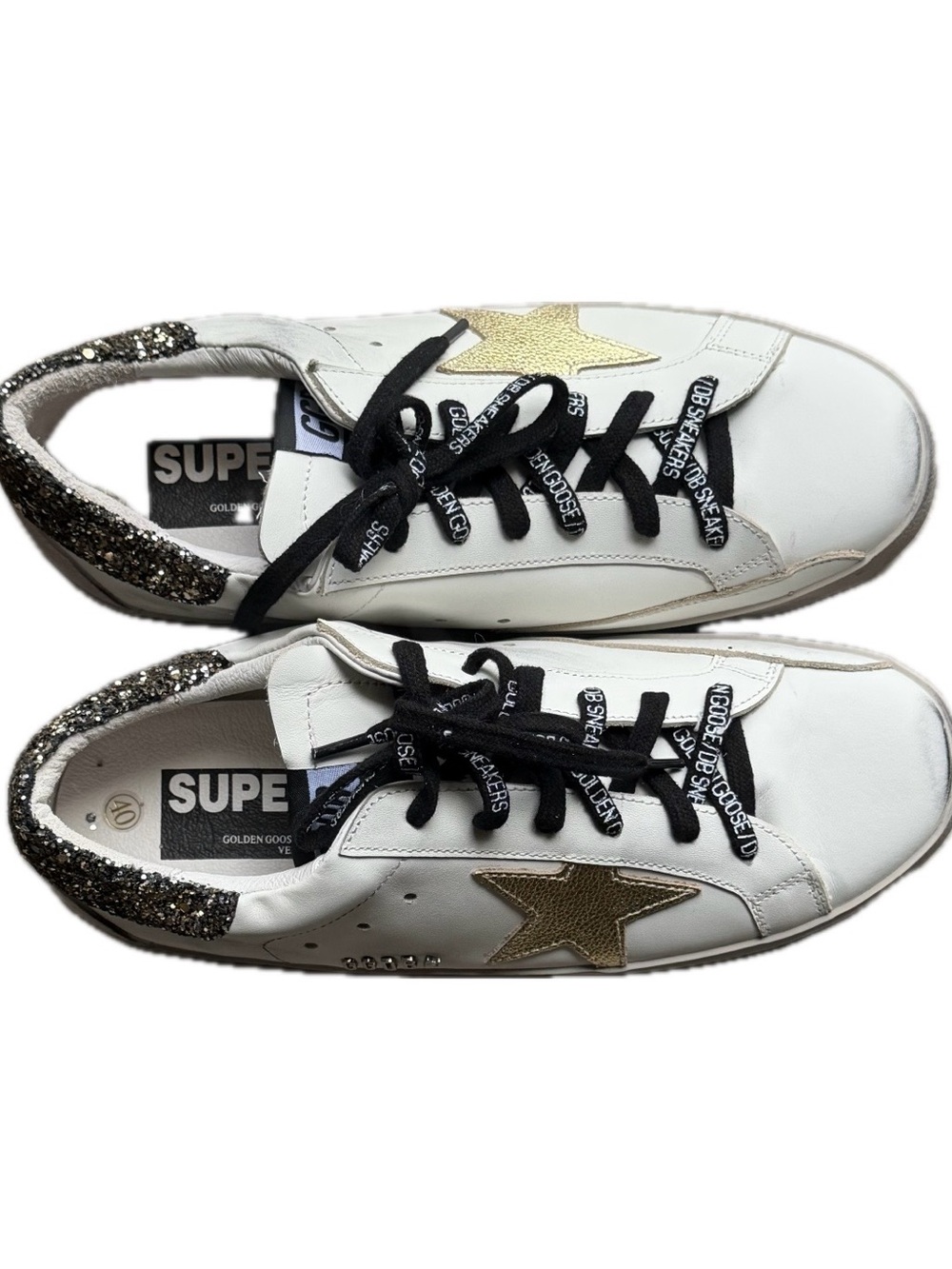Golden Goose White Leather Sneakers with Gold Star and Black Glitter